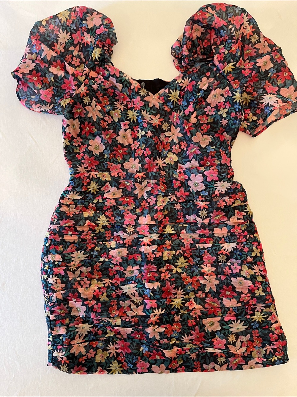 C/MEO Collective Black Floral Puff-Sleeve Kids Dress with Pink & Red Flowers